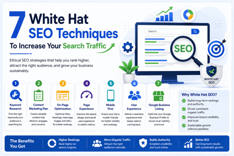 7 White Hat SEO Techniques To Increase Your Search Traffic admin admin August 20, 2022 / 6 Min Read / 0 It’s crucial to move slowly and thoroughly if you want to dominate your competitors on Google. Use these 8 white hat SEO strategies to enhance your outcome. To achieve the greatest results, you must concentrate on enhancing your position in the organic (non-paid) search results, which entails increasing targeted organic traffic and steadily establishing your reputation and credibility as a subject-matter authority on the internet. Fortunately, there are a few white hat strategies that can help you outrank your rivals by taking into account Google’s important ranking variables. When determining which items are displayed at the top of Google’s search results, the search engine’s algorithm takes five key factors into account: The intent behind your inquiry. relevancy of a website. high-quality content usability of a website. Setting and context If you manage these five criteria, you will be putting yourself in a position to outperform the competition. Here Are 7 White Hat SEO Techniques To Increase Traffic I. Keyword Research It’s crucial to conduct some keyword research before you begin writing content. This can take a lot of time and occasionally seems pointless. However, there is no going back once your work has been published. Your content’s ability to rank highly in search results can be determined by a well-thought-out keyword strategy. Understanding the search terms users enter into search engines is the first step. Make keyword lists that are pertinent to your content using tools like SEMrush keyword magic tool, Keyword Explorer or Google Keyword Planner. II. Content Marketing Plan Blogging is only one aspect of content marketing. Prior to anything else, you must choose your content subjects, your audience, and the manner in which you will regularly interact with them. Start by investigating blogs in your niche that already receive a consistent flow of traffic. How do they draw in customers? What kind of postings are successful? Make notes so that you can apply their formula for success to your own website. Promote your editorial calendar on social media when you’ve created it. Google will take notice of your consistent blogging and reward you. III. On-Page Optimization On-page optimization is an SEO strategy that is sometimes disregarded but can significantly affect your search results. The goal of on-page SEO is to optimise your website so that it ranks better for particular keywords. There are many things you can do here, including choosing the right keywords, structuring your text, using meta tags correctly, optimising your images, using title tags, and more. If you want to maximise your SEO impact with the least amount of work, this is it. The basics of on-page SEO are covered in the article, along with recommendations for: Meta Title and Description Heading Image Alt text Schema Markup Page URLs/Slugs Internal Linking onpage optimization pointers IV. Page Experience Consider how you want users to feel when they arrive at your page as a starting point. Do you have a cool brand that they will enjoy? a business with an educational focus? Company with helpful tips? Once you’ve chosen your tone, it’s time to determine what information is crucial and ensure users are the first to see it. For this reason, Google has made an investment to speed up the loading of your page. The more quickly your website loads, the more probable it is that you will capture their interest and hold it. In fact, studies have shown that if a website loads more slowly than three seconds, people start to lose interest. Consider how you might optimise your site to load quickly and provide a satisfying experience from beginning to end. V. Mobile First Google revealed that it will start elevating mobile friendliness as a major search ranking factor in 2017. Therefore, you must first use a mobile device! Most of users now access the website via their phone rather than a desktop or laptop. You might as well not exist if you can’t be located on your consumers’ phones! The click through rate (CTR) of mobile-friendly websites is higher than that of non-mobile websites. Additionally, they have better conversion rates and higher engagement. Therefore, start now if you haven’t previously optimised for mobile! VI. User Experience User experience is the impression a user has of your website or app. If a customer had a positive experience, they will return. However, if they don’t feel welcome or involved, they won’t bother returning. Spend time regularly enhancing your UX to make sure you aren’t losing any visitors. Analyze your analytics to learn what visitors are doing on your site—and what they aren’t doing. Do specific pages receive little traffic? Exist any features that users hardly ever use? By making tiny adjustments in each of these areas, your UX will be enhanced. For instance, eliminate a specific function of your website totally if nobody is utilising it. You can experiment with several designs to determine which ones users respond to the best. You can check out some free tools to concentrate and improve your user experience here. VII. Google Business Listing With a Google local listing for your company, you may be found more quickly. Just provide your company name, address, contact information, and a URL to your website. It only takes a few minutes and is free. If you don’t already have a listing on Google Maps, adding one enables you to do so and gives customers a place to post reviews and suggestions in addition to searching for directions. When users search for businesses like yours, you can qualify for a spot at the top of the local search results if you register your listing right away. A Google Business Profile Has These Top 5 Benefits Free advertising that is quicker and more affordable than sponsored search. Geographically relevant businesses are given preference by Google Maps/3-Pack. A professionally made profile makes a good first impression. High star ratings build authority and offer social proof. getting insights from profile performance checks. Conclusion: A recent study discovered that search engines account for roughly half of all website traffic. You’re throwing away a lot of money if you don’t use these strategies. The good news is that getting started doesn’t take much time or effort. Use them, but be sure to pair them with other SEO best practises like emphasising user experience, coming up with fresh content, and ensuring your site loads swiftly.